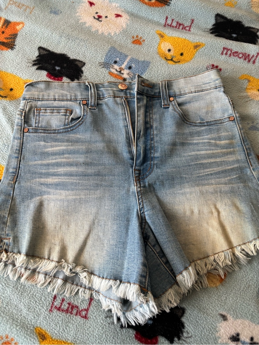 Celebrity Pink Light Blue Distressed Denim Fringe Hem Shorts